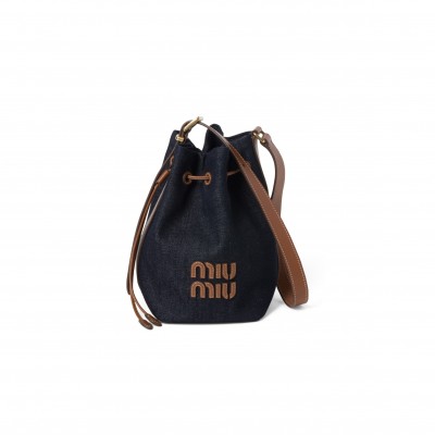 MIU MIU DENIM AND LEATHER LOGO BUCKET BAG 5BE090 (22.5*16*14cm)